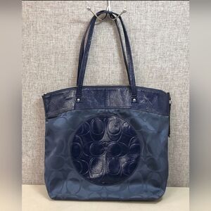 Coach Poppy Designer Blue Signature Satin Patent Leather Shoulder Bag Tote Purse